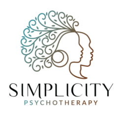 Logo of Simplicity Psychotherapy, a mental health practice in Atlanta, Georgia. Blue and Brown outline of the face of a woman with curly afro hair next to an outline of a male .